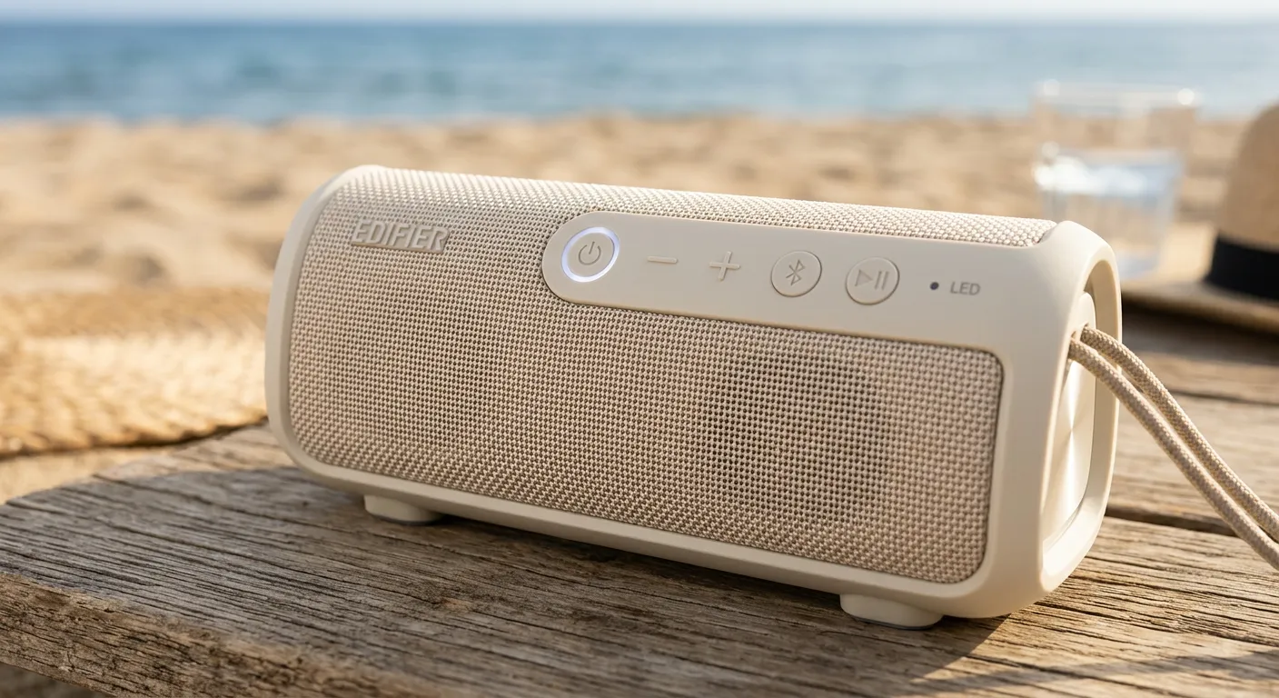Close-up of Edifier ES60 Bluetooth Speaker, Portable with Stereo Pairing, IP66 Dustproof & Waterproof 9H Playtime BT5.4 34W RMS Dual Device Connection Ambient Light for Home Party Outdoor Beach – Ivory features and details
