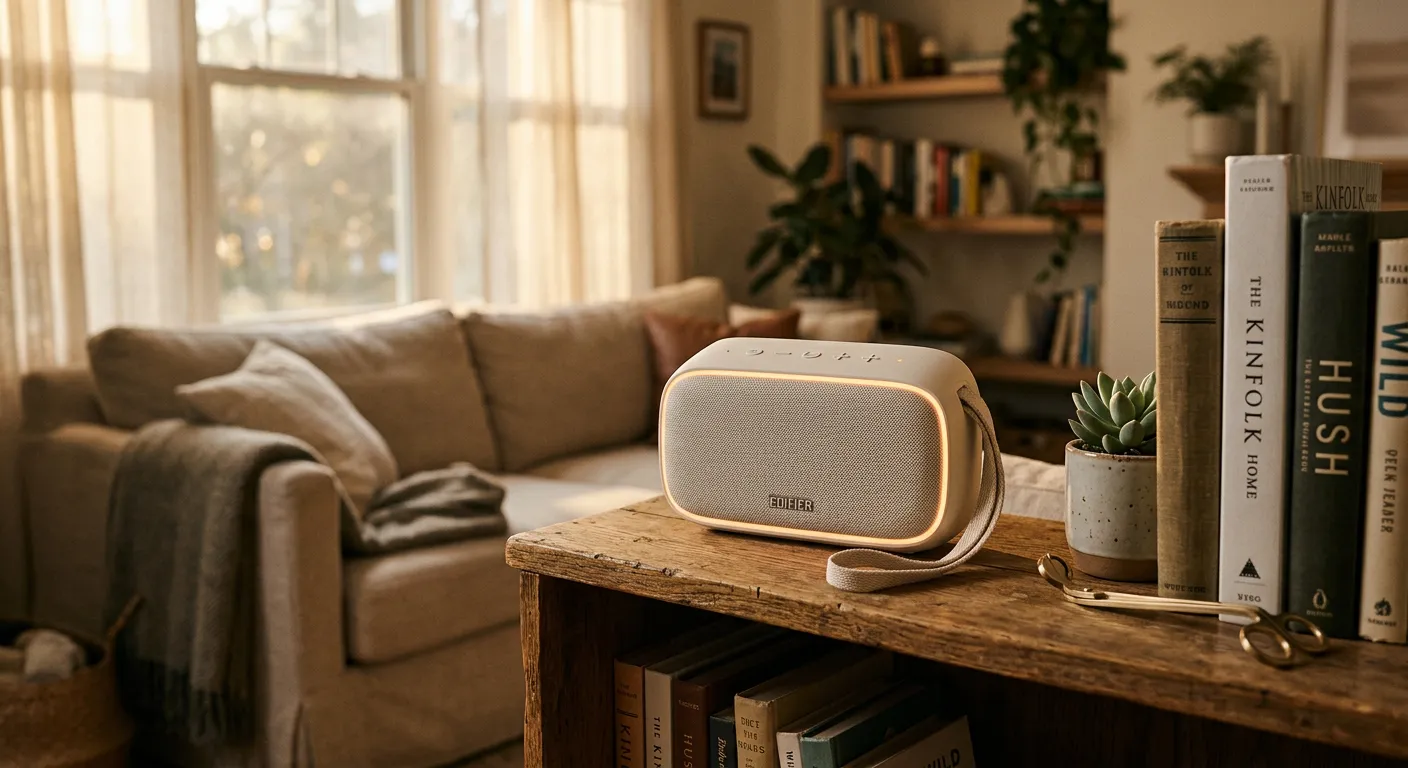 Edifier ES60 Bluetooth Speaker, Portable with Stereo Pairing, IP66 Dustproof & Waterproof 9H Playtime BT5.4 34W RMS Dual Device Connection Ambient Light for Home Party Outdoor Beach – Ivory in home setting - lifestyle photo