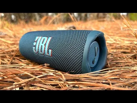 Close-up of blue JBL Flip 6 portable Bluetooth speaker resting on pine needles highlighting the fabric mesh texture and side bass radiator